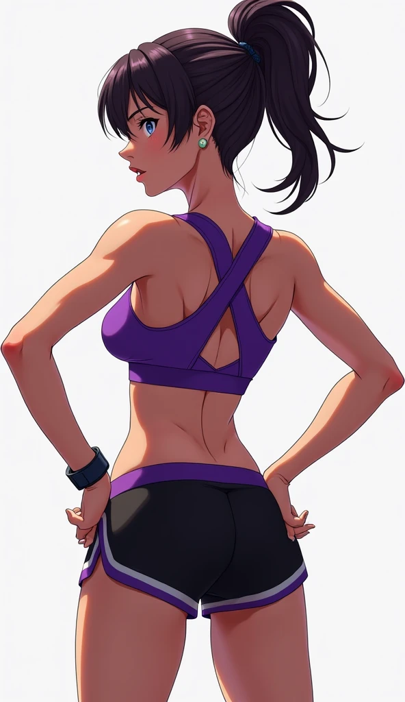 Tomo Takino, Azumanga daioh, black hair, messy hair, tank top, biker short leggings, black socks, shoes, breasts, Wallpaper, Close-Up, back of view, standing up, checking out her butt, ass view, smirking, hands on her waist, tight ass cheeks,