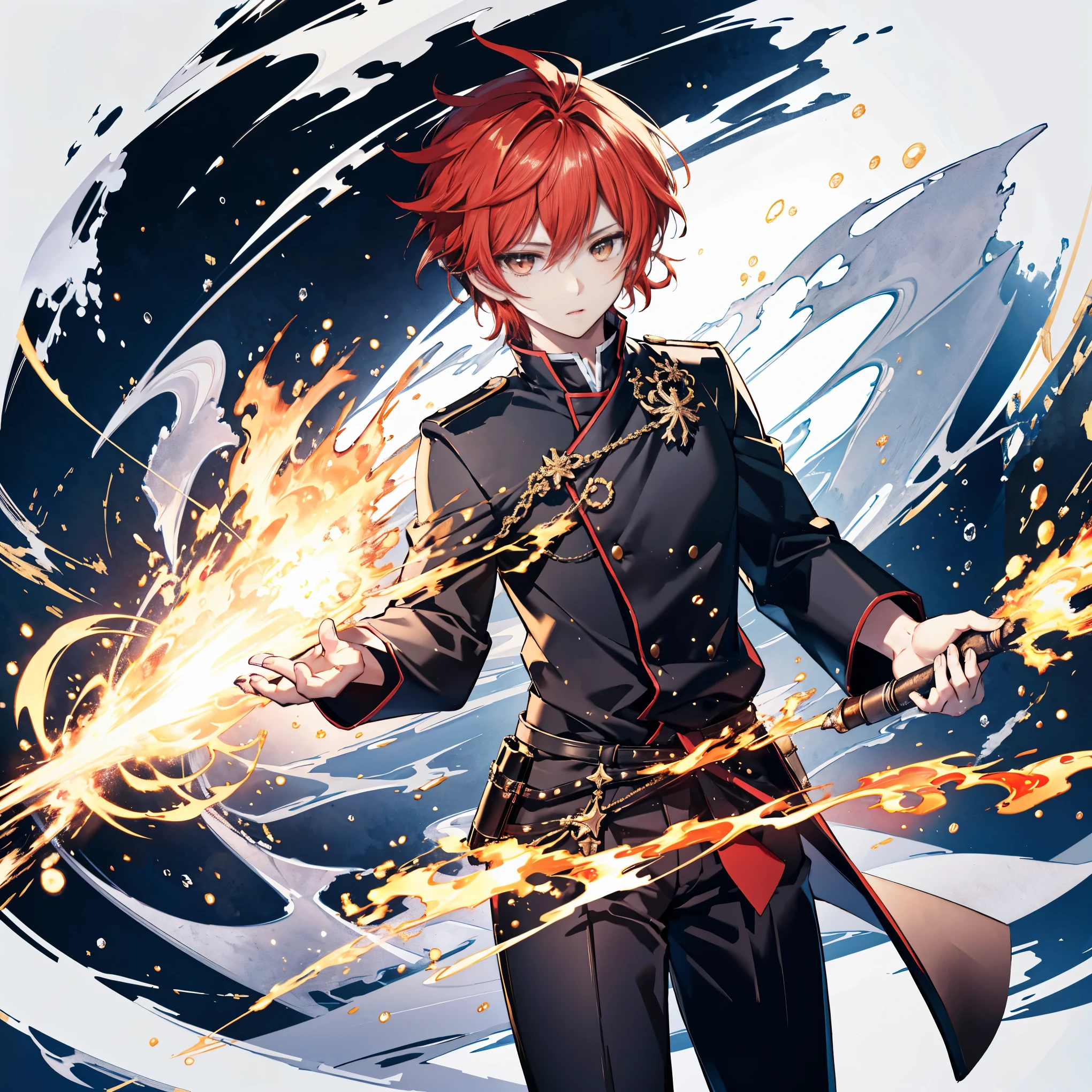  High Quality , masterpiece, Delicate hair,  delicate eyes , High image quality, male, ハンサムなmale, 鋭い golden eyes,  neutral face ,  Bright Red Hair ,  golden eyes, Mysterious appearance , Muscular,  Wears a disheveled black shirt ,  black skinny pants, sword, Master Swordsman, Cloudy sky background ,  Detailed anime-style illustrations, Intense expression, Hidden aura of power, Flames and sparks,  Very detailed,  strong shadow , Ash, ice, ink wash painting, ink splashing, color splashing