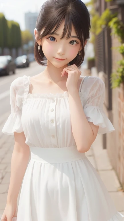 (( whole body：2.0)), ((whole bodyで真正面を向いて：1.6)), (8k,  best quality, masterpiece: 1.2),  super detailed,  best quality,  ultra high resolution,,  super short hair,  side lock hair,  earrings for a woman alone, Silky Blonde,  professional lighting,, Paris park , Storm scene, Woman wearing a white dress with frills,  gentle smile, watercolor