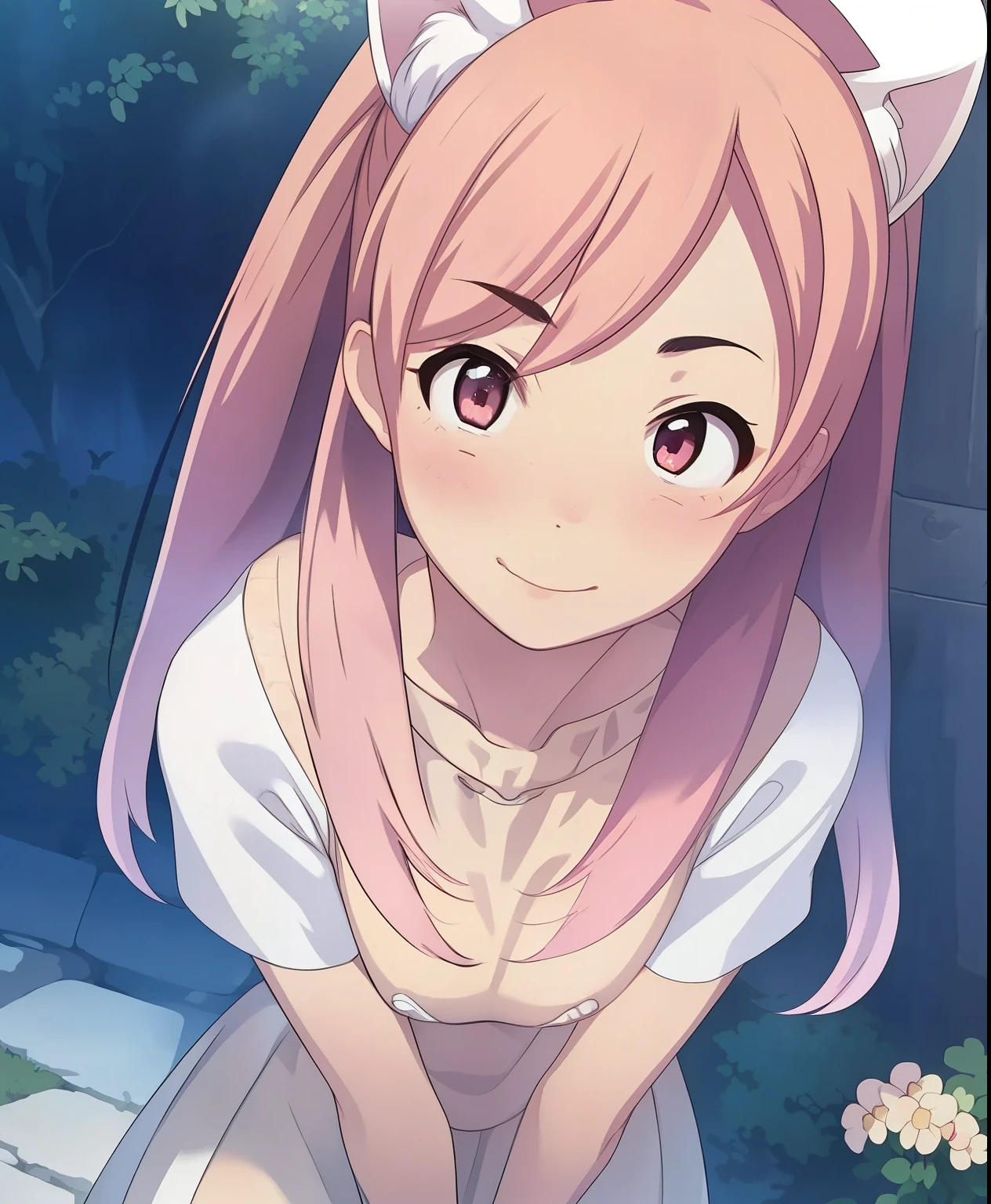 (masterpiece、 best quality、 best quality、 Official Art、 beautiful and beautiful :1.2)、( one girl :1.3)、 twin tails, Beautiful breasts, 1 girl, smile, girl, ((Cream hair )),A beautiful Chinese woman who is kind and lovely, Delicate and sexy collarbone, charming goose egg face , Double Eyelids , Smart Peach Blossom Eye, pink lips, Small upturned nose, bare shoulders, Concentrated face, face close-up, , super detailed, Full body images, Ultra-thin and transparent, pink hair、Optimal ratio、 4 fingers and 1 thumb, cat ears