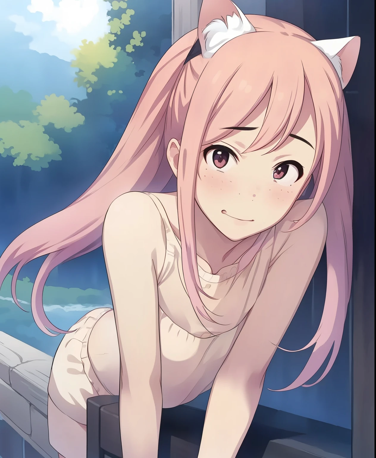 (masterpiece、 best quality、 best quality、 Official Art、 beautiful and beautiful :1.2)、( one girl :1.3)、 twin tails, Beautiful breasts, 1 girl, smile, girl, ((Cream hair )),A beautiful Chinese woman who is kind and lovely, Delicate and sexy collarbone, charming goose egg face , Double Eyelids , Smart Peach Blossom Eye, pink lips, Small upturned nose, bare shoulders, Concentrated face, face close-up, , super detailed, Full body images, Ultra-thin and transparent, pink hair、Optimal ratio、 4 fingers and 1 thumb, cat ears