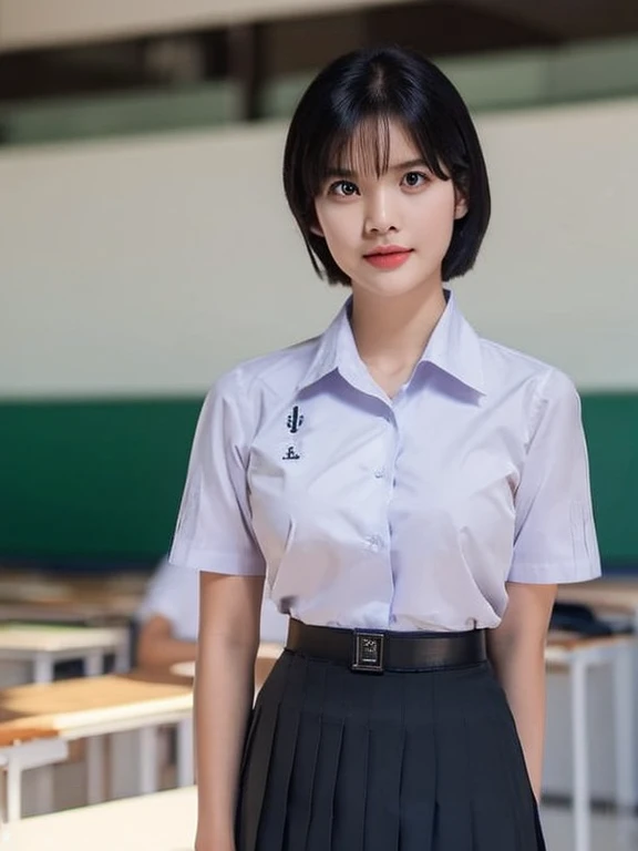 (photorealistic:1.4),Best quality, masterpiece ,Thai classroom, 1girl ,(mathayom uniform),white shirt short sleeves,(black pleated long skirt:1.2),short hair , Pretty thai woman short hair , big breasts , The shirt is tight
 