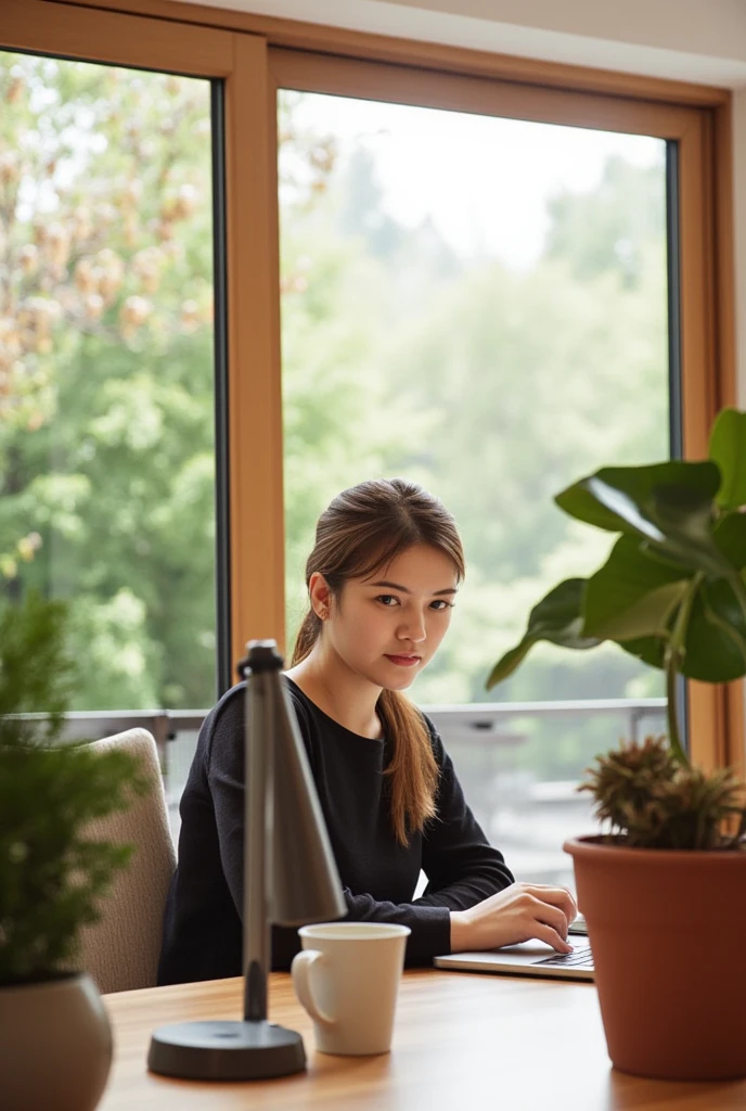 "A remote worker in a minimalist home office setup with plants and natural light, typing on a laptop with a focus on balance."