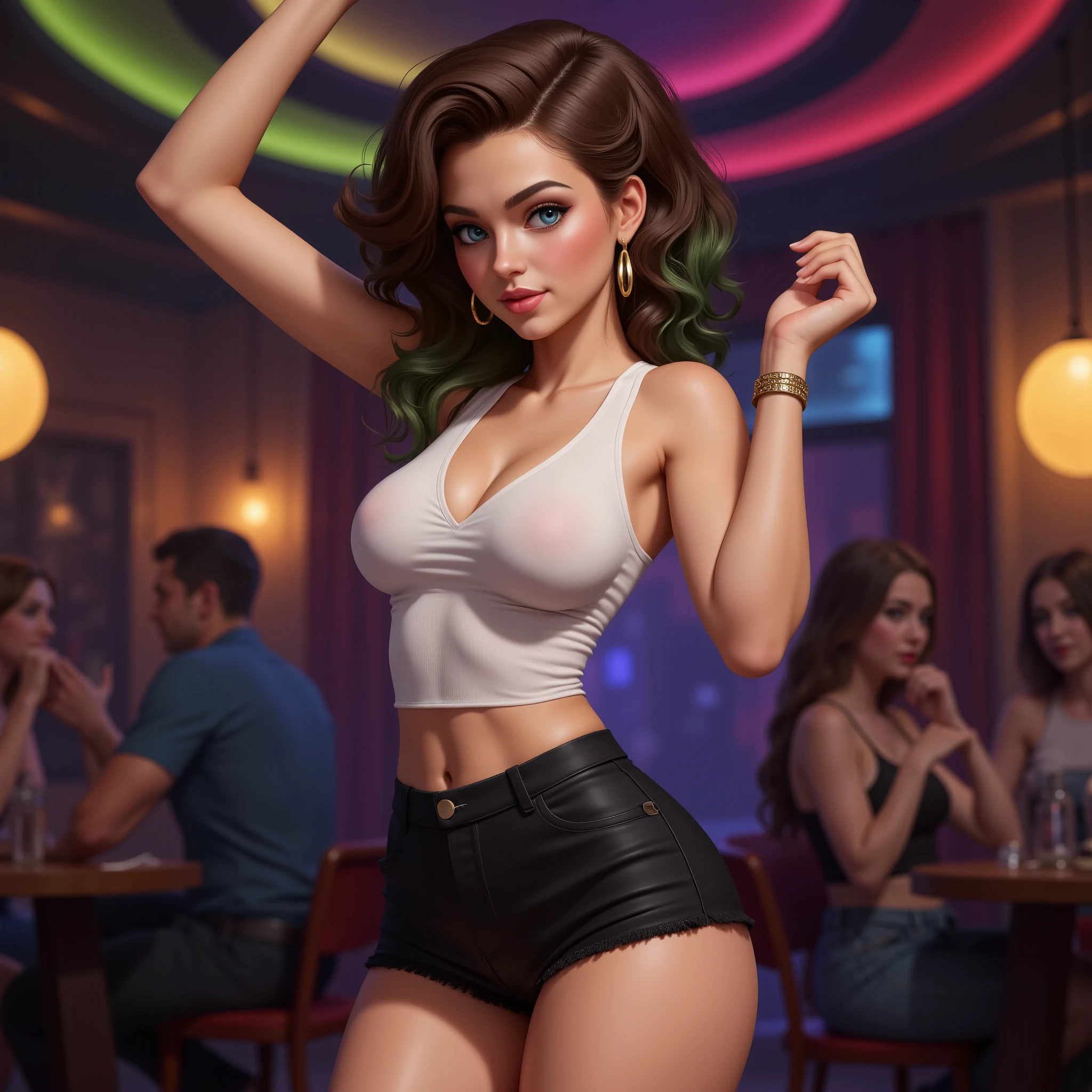 8k, best quality, realistic photos, realistic details, clear face, delicate facial features, real skin shine, a cute girl, shy, facing the camera, girl sitting in a bar in a gray fishnet sweater and tight panties, clear bar background, sea view, arms on bar counter, hips, slim body, big breasts, 24 years old, charming, seductive eyes