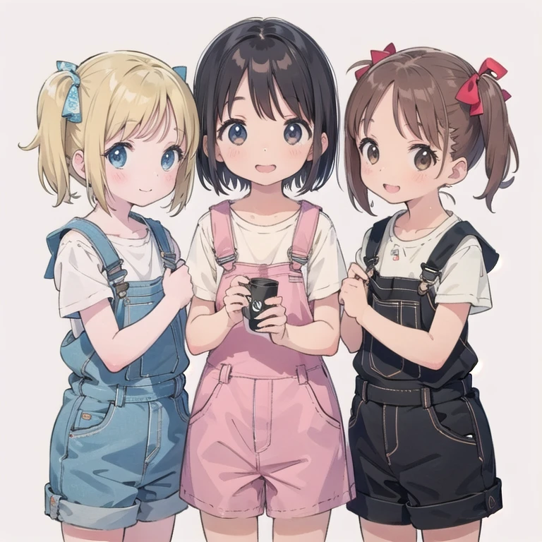 8-year-old、pretty girl、Overalls、A happy smile、Simple Background, Four Girls