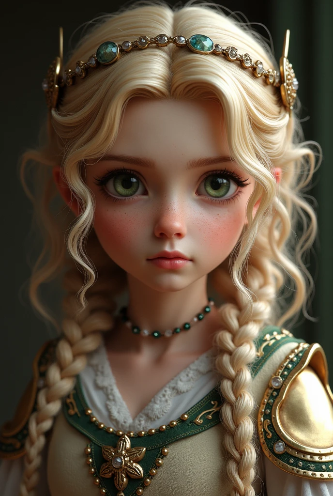 long blonde hair
roughly 3 years old
period clothing