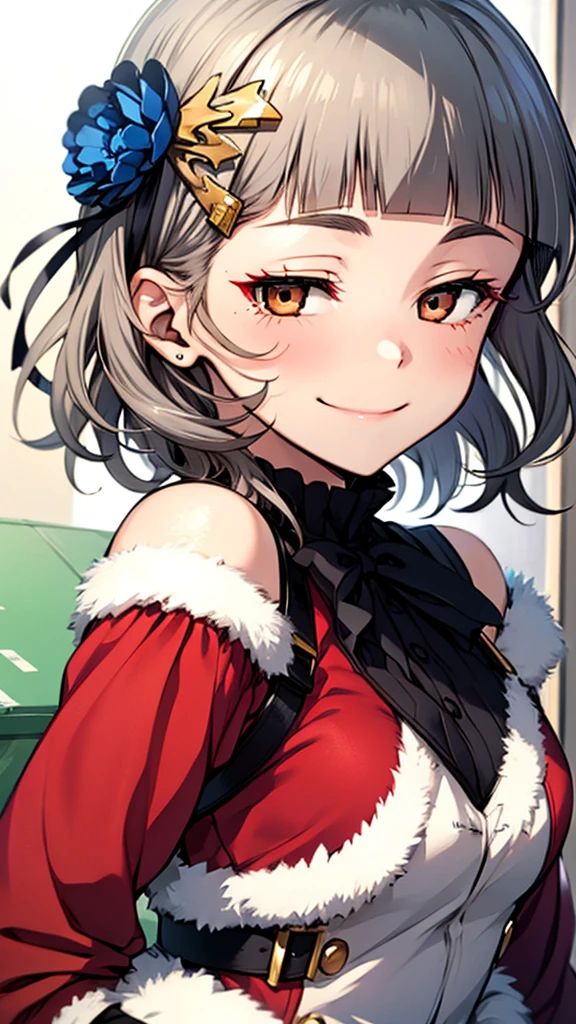 (((solo))), 1 woman, LOVELIVE! Sakuya Kurobane, sakuyaunif, kurobane_sakuya, short hair, grey hair, black hairband, blue hair flower, brown eyes, red eyeliner, chest, blush, smile, (upper body), santa claus