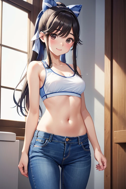 Takane Manaka、  shiny brown long hair、 ribbon ponytail、 beautiful brown eyes 、smile、Sparkling Eyes, (fine grain)、 very detailed eyes、 very detailed face in light blue underwear,  very detailed eyes, masterpiece,  best quality,  high definition , ( best quality,masterpiece:1.2),Alone,Alone、 Cowboy Shot 、nsfw、 



 1 girl, Alone,   white sports bra  ， COWBOY SHOOTING 、 good，  skinny jeans ，Watch the audience 1 :5， perfect body，Messy hairstyle，Toilet in the background， standing，Hand-pull  good straps