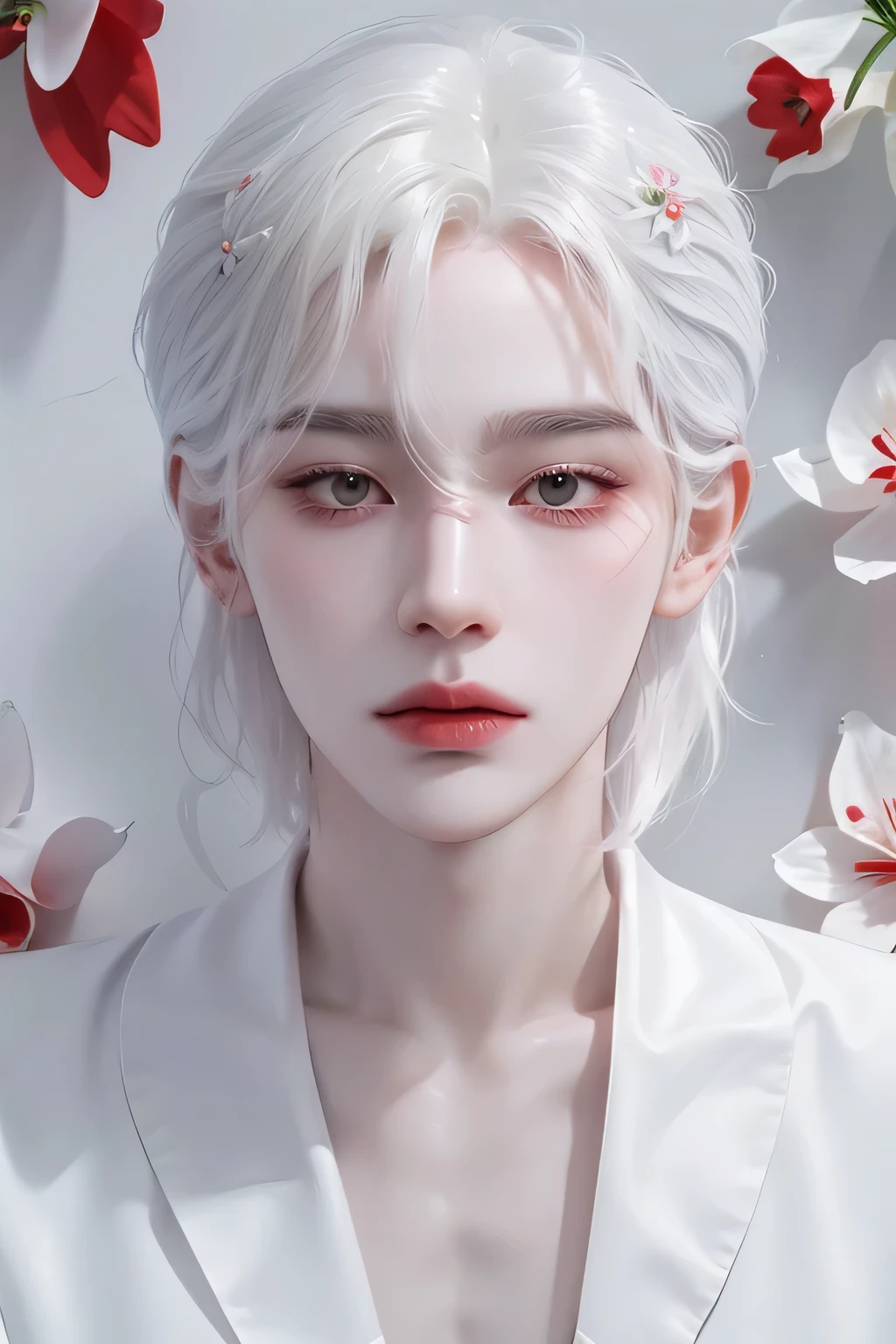 Primer plano de un man, , man, man delicado,  white hair,  crimson eyes , red eyes, sharp features, traits,  white skin , a flower in the hair,  white skin  de porcelana pálida, pale porcelain skin,  white skin  de porcelana,  pale milky white porcelain skin , pale and shiny skin. white shirt.