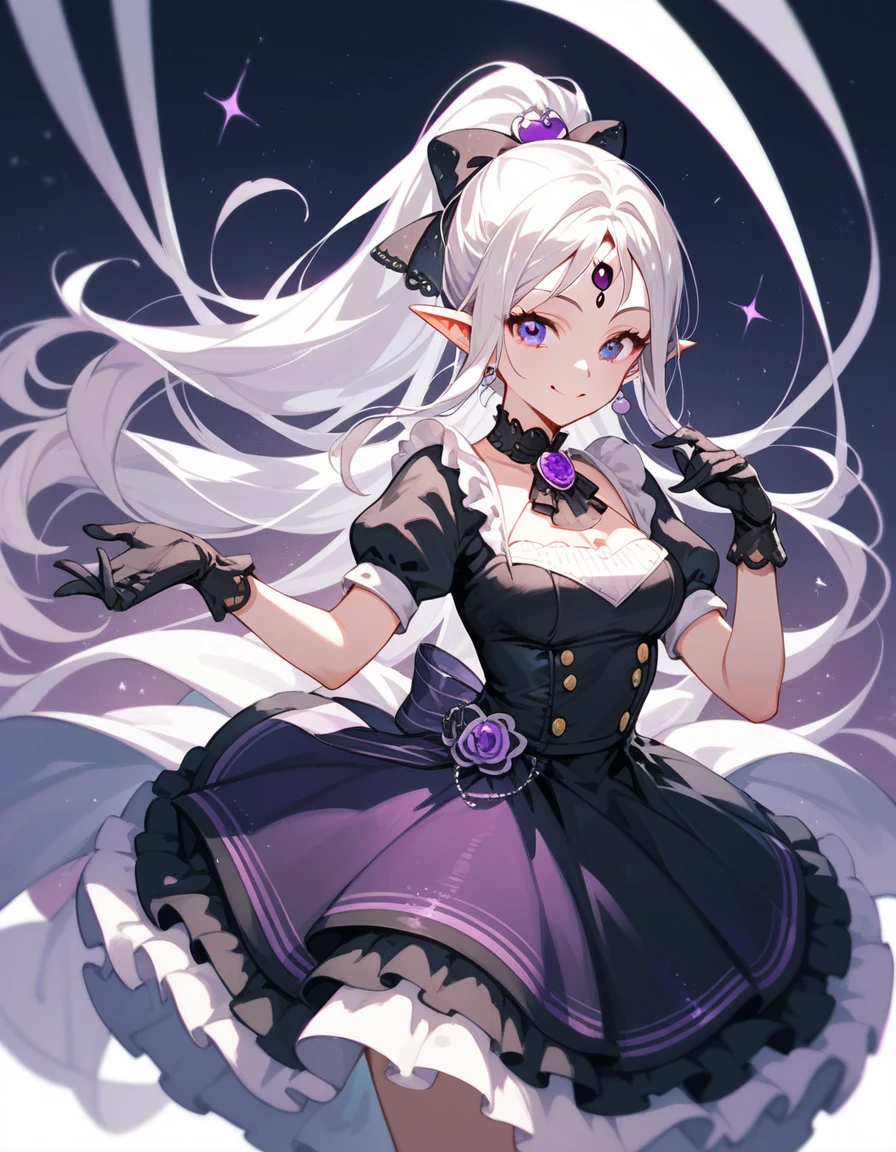 girl,White hair, long hair, ponytail, in purple eyes,Pointed ears,Black Idol , medium breasts,smile,Wear a skirt, Tall,Put on a spider mask, wear gloves,dress