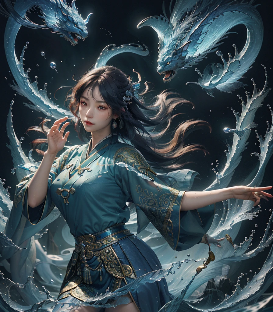 (absurdres, highres, ultra detailed)(masterpiece), (extremely intricate:1.3), (realistic),Cinematic Lighting,4k,(masterpiece),Dreamy,cinematic,Ukiyoe,divine fantasy,Ethereal Fantasy,action lens,atmospheric,Cloisonne,Gardens,xxTemplexx,
1girl,solo male,hanfu,chinese clothes,blue dress,long dress,gonggongshi, water,Cast magic, cast water magic,water ball on the hand,Mythical beasts,
 