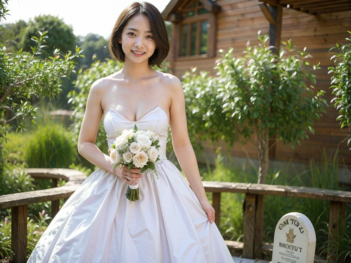 (8k、 RAW photo、 best quality、masterpiece:1.2), have to pee , (Realistic、Realistic)、(Incontinent girl:1.3) 1 girl、(( wedding dress 、Chapel、 Shorthair、  front view、smile、Look at the camera and smile、、stand))、cute