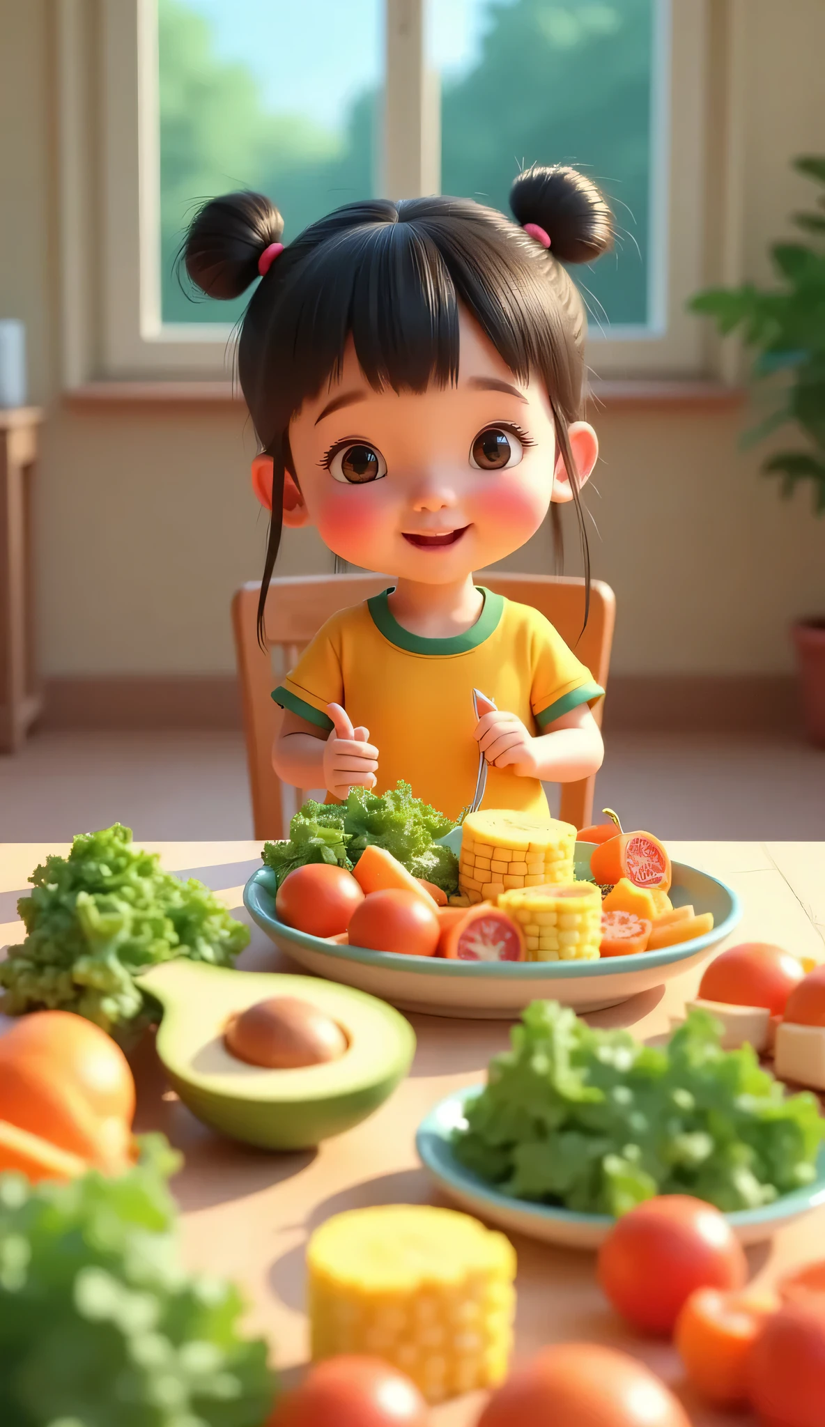 A vibrant table filled with colorful vegetables and fruits: spinach, kale, boiled corn, papaya slices, carrots, and tomatoes. girl and boy happily sitting around the table.