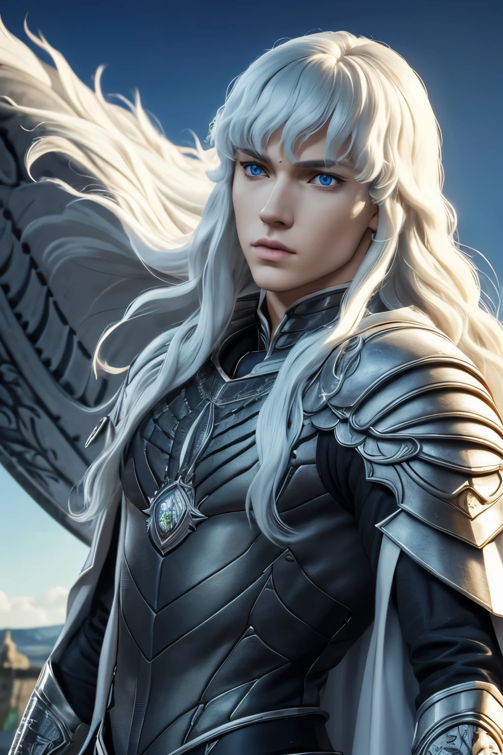 MAN, Male:1.9, Griffith:1.2 ,Berserk,male,super beautiful teenager,Long hair with white perm,Crystal clear blue eyes,Beautiful white skin,Ultra HD,super high quality,masterpiece,Digital SLR,Photorealistic,Detailed details,Vivid details,Depicted in detail,A detailed face,Detailed details,Super Detail,Realistic skin texture,Anatomical basis,Perfect Anatomy,Anatomically correct hand,Anatomically correct fingers,Complex 3D rendering,Fearless look,Beautiful Castle background