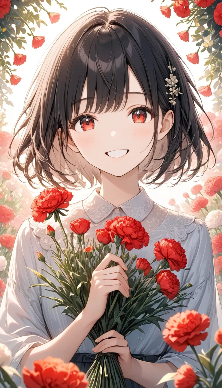 Anime Style, woman looking at me,1 person, black hair,Medium-length hair,Red eyes,Smiling person,Pass the flowers,  carnation flower ,White background,Very heartwarming,Vignette,Good brilliance , best scene masterpiece , best quality,Exquisite,8k, absurd, super detailed illustration,( watching the audience)