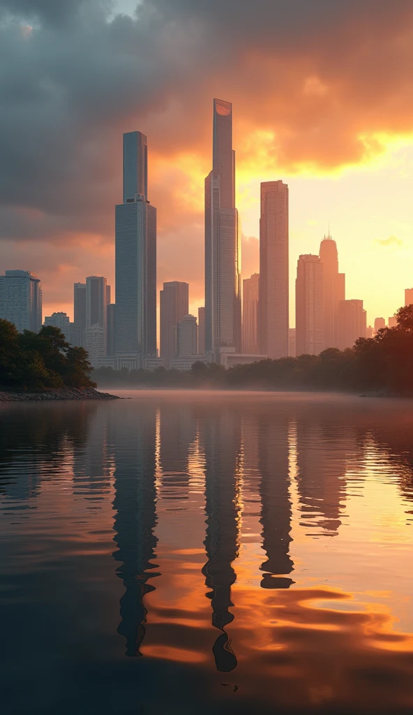 a reflection of a city skyscraper on a lake, afternoon, god rays, sunset, orange sky, dark clouds, 4k, 8k, highres, masterpiece:1.2, ultra-detailed, realistic, photorealistic, photo-realistic:1.37, HDR, UHD, studio lighting, ultra-fine painting, sharp focus, physically-based rendering, extreme detail description, professional, vivid colors, bokeh, landscape, cinematic