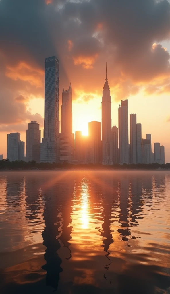 a reflection of a city skyscraper on a lake, afternoon, god rays, sunset, orange sky, dark clouds, 4k, 8k, highres, masterpiece:1.2, ultra-detailed, realistic, photorealistic, photo-realistic:1.37, HDR, UHD, studio lighting, ultra-fine painting, sharp focus, physically-based rendering, extreme detail description, professional, vivid colors, bokeh, landscape, cinematic