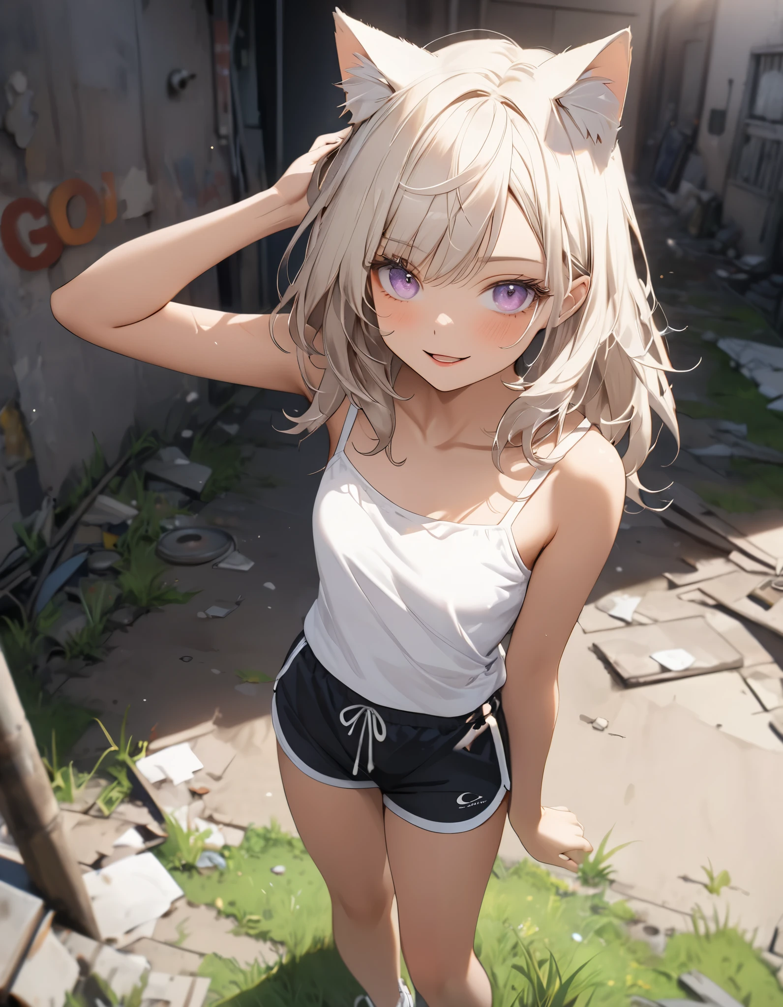 ((Masterpiece)), ((best quality)), (wide shot), (16K), (detailed background:1.2), (super detail:1.2),(High Definition:1.3), (Professional Photography:1.2), (very aesthetic:1.2), (absurdres:1.2), (sharp focus), ((1girl)), Cute teenage girl, (put on cat ears), (Bumpy skin), ((brown-skinned)), god rays, (platinum-gold hair, very messy medium hair, loose swept bangs, long side bangs), (smug, :d), (Healthy Gaunt body), small breast, (badly ragged white camisole), dolphin shorts, Textured skin, beautiful collarbones, BREAK (cute cheeks), glossy lips, pouty lips, (lower eyelashes), (pale purple eyes, upturned eyes), (arm up, loose standing on the abandoned slum street with grass), lens flare,