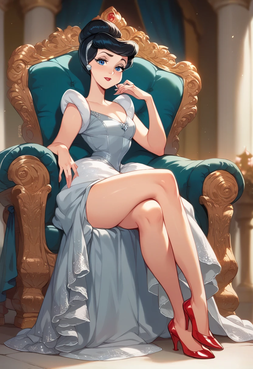 Cinderela da Disney, Fashion photo,  black hair , blue eyes, silver dress too short ,  Sit on a throne , No panties,  red transparent crystal high heel shoes, crossed her legs , old mother,  deep neckline silver dress ,  arms resting on the armchair  