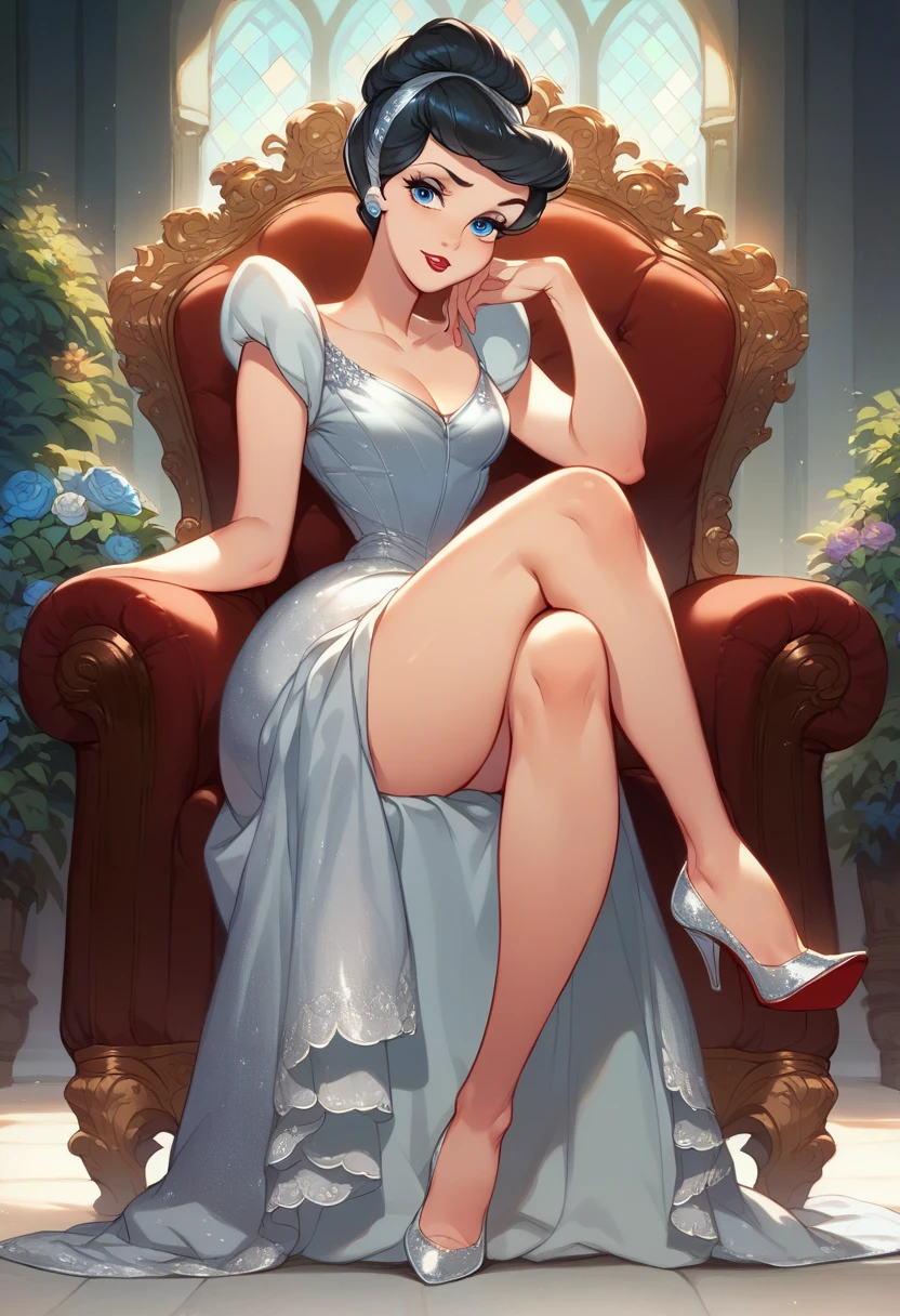 Cinderela da Disney, Fashion photo,  black hair , blue eyes, silver dress too short ,  Sit on a throne , No panties,  red transparent crystal high heel shoes, crossed her legs , old mother,  deep neckline silver dress ,  arms resting on the armchair  