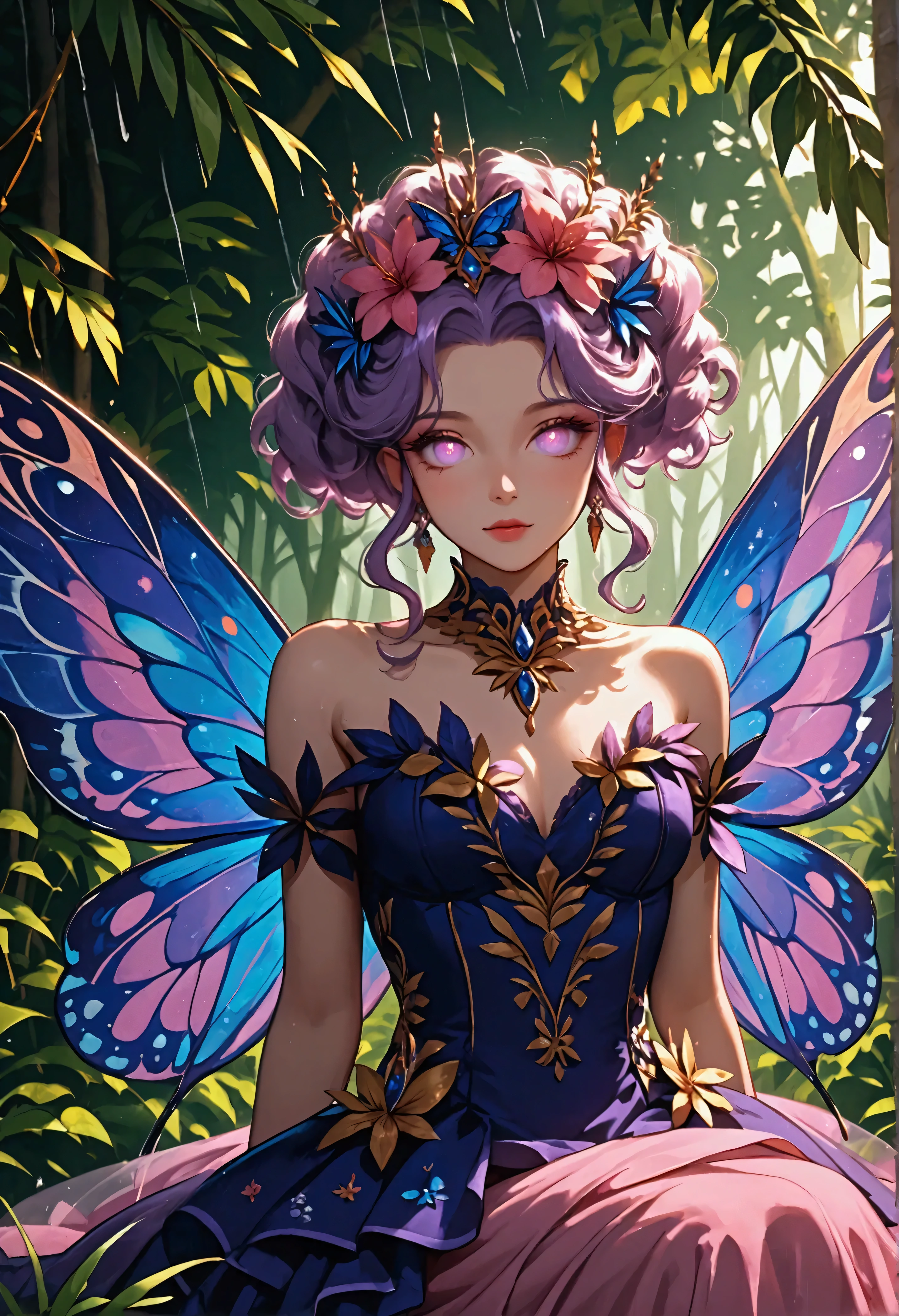 a picture of a jungle fairy, an extraordinary beautiful, elegant beauty, divine beautiful fairy, spread butterfly wings, blue and purple wings, pink eyes, glowing eyes, best detailed face,  blond hair, rich hair, wavy hair, glamour dress, wild dress, dress decorated with jungle flowers, sitting on massive heliconia tree the rain forest, sun rays coming through the trees, Hyperrealism style, vibrant, Ultra-high resolution, High Contrast, (masterpiece:1.5), highest quality, Best aesthetics), best details, best quality, highres, ultra wide angle, 16k, [ultra detailed], masterpiece, best quality, (extremely detailed) RAW, chumbasket art style, FairyTaleAI, fairy wings, hyp3rd3tail style