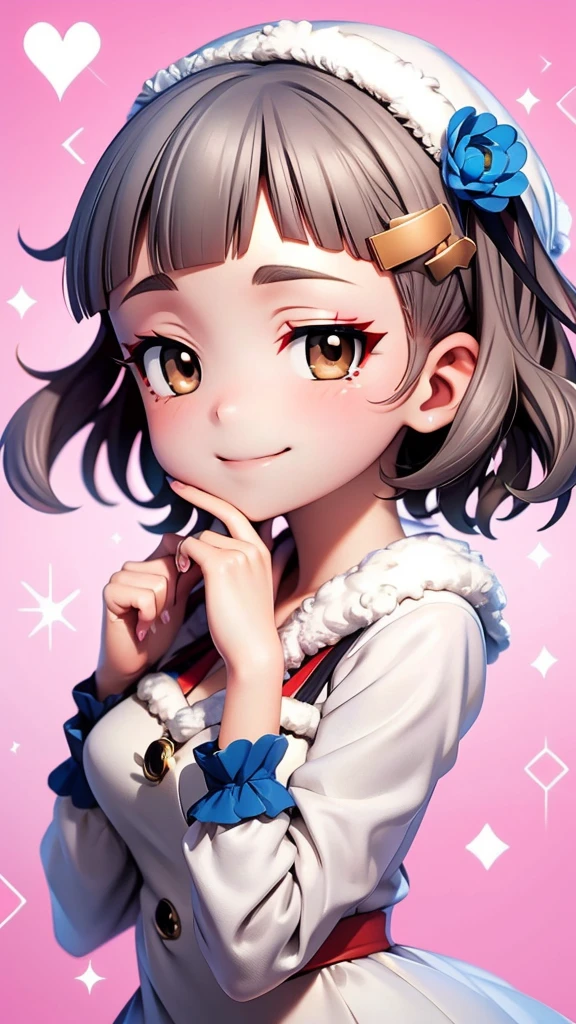 (((solo))), 1 woman, LOVELIVE! Sakuya Kurobane, sakuyaunif, kurobane_sakuya, short hair, grey hair, black hairband, blue hair flower, brown eyes, red eyeliner, chest, blush, smile, (upper body), santa claus