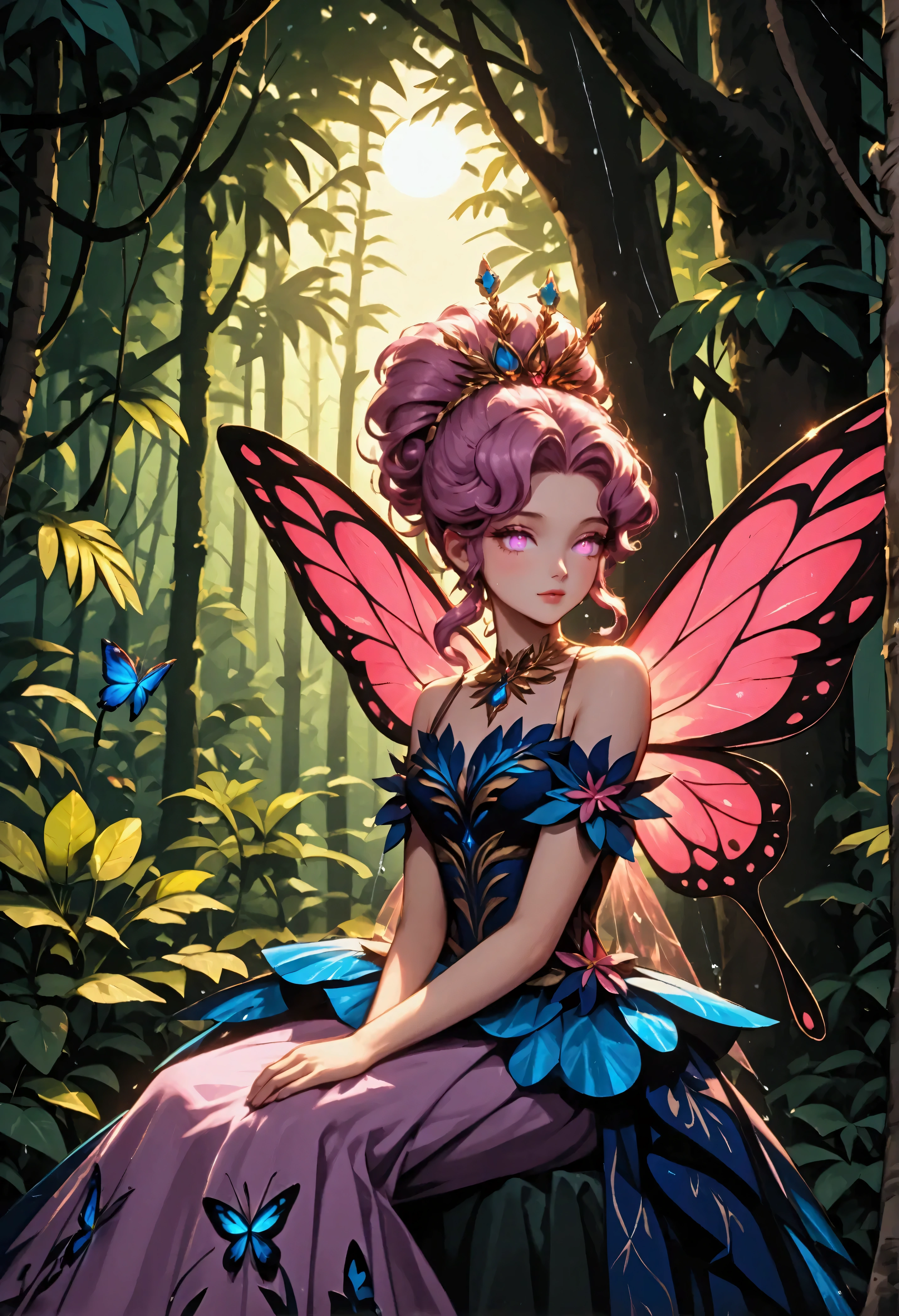 a picture of a jungle fairy, an extraordinary beautiful, elegant beauty, divine beautiful fairy, spread butterfly wings, blue and purple wings, pink eyes, glowing eyes, best detailed face,  blond hair, rich hair, wavy hair, glamour dress, wild dress, dress decorated with jungle flowers, sitting on massive heliconia tree the rain forest, sun rays coming through the trees, Hyperrealism style, vibrant, Ultra-high resolution, High Contrast, (masterpiece:1.5), highest quality, Best aesthetics), best details, best quality, highres, ultra wide angle, 16k, [ultra detailed], masterpiece, best quality, (extremely detailed) RAW, chumbasket art style, FairyTaleAI, fairy wings, hyp3rd3tail style