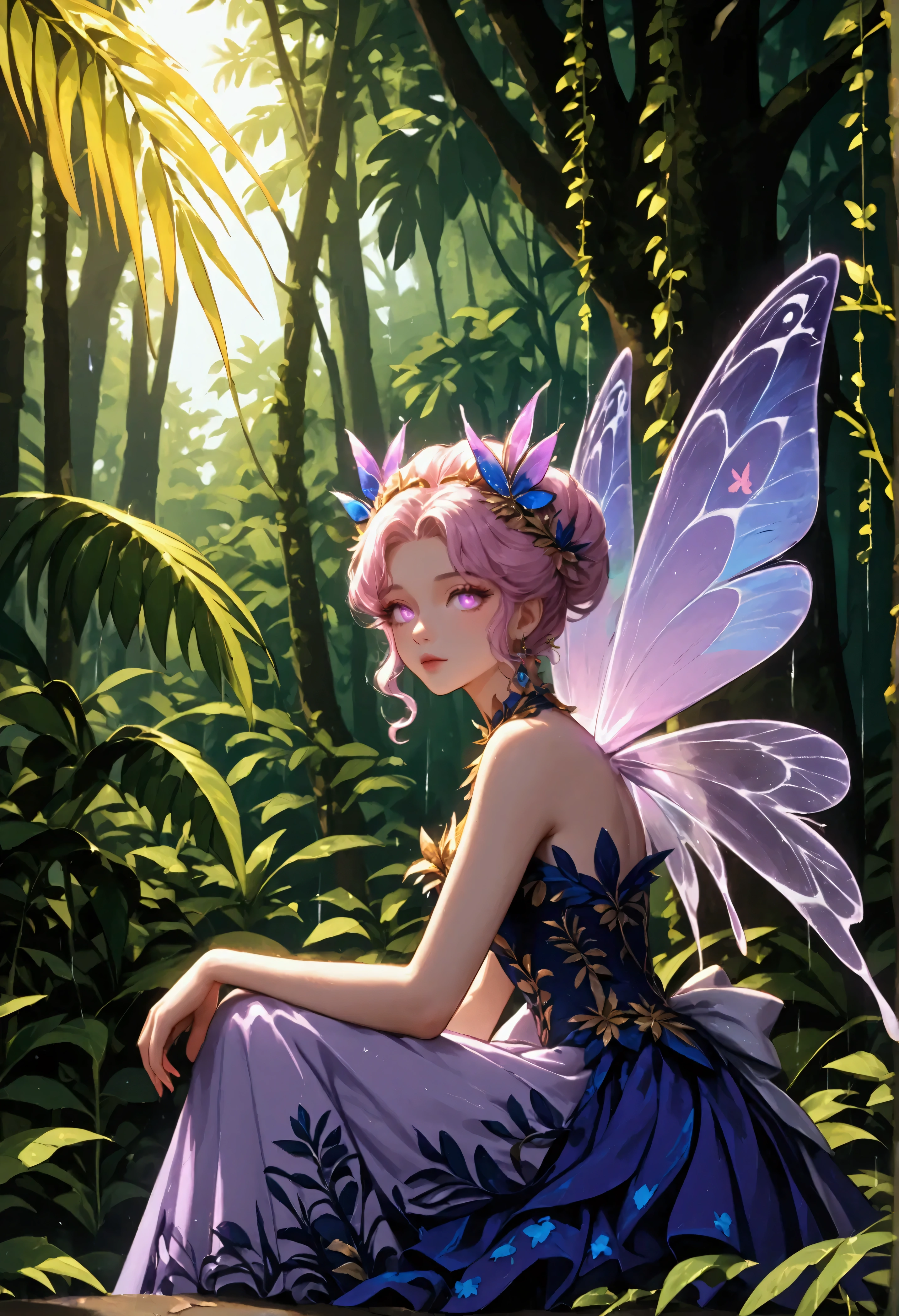 a picture of a jungle fairy, an extraordinary beautiful, elegant beauty, divine beautiful fairy, spread butterfly wings, blue and purple wings, pink eyes, glowing eyes, best detailed face,  blond hair, rich hair, wavy hair, glamour dress, wild dress, dress decorated with jungle flowers, sitting on massive heliconia tree the rain forest, sun rays coming through the trees, Hyperrealism style, vibrant, Ultra-high resolution, High Contrast, (masterpiece:1.5), highest quality, Best aesthetics), best details, best quality, highres, ultra wide angle, 16k, [ultra detailed], masterpiece, best quality, (extremely detailed) RAW, chumbasket art style, FairyTaleAI, fairy wings, hyp3rd3tail style