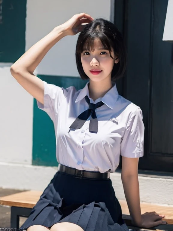 (photorealistic:1.4),Best quality, masterpiece ,Thai classroom, 1girl ,(mathayom uniform),white shirt short sleeves , The shirt is tight ,(black pleated long skirt:1.2),short hair , Pretty thai woman short hair , big breasts , 