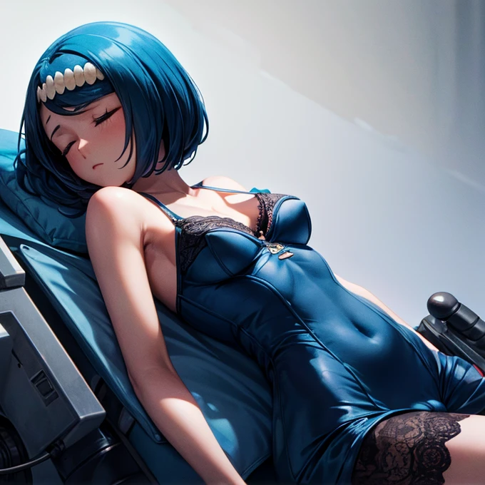 ((masterpiece)), ((best quality)), (ultra-detailed), ((kawaii)), cute, (lovely), ((sexy)), (ero), ((extremely detailed)), 4K, (8K), best quality, (beautiful), in the middle, bedroom, a pretty woman, robot suit, robot, beautiful blue hair, beautiful blue eyes, ((beautiful eyes)), white-skinned, medium hair, forehead,large breast, orgasm,smile,parted lips,saliva,sweat,topless,show off nipple,breast milk,bottomless,touch pussy,pussy juice,masturbation,lying on back,m legs,nsfw
