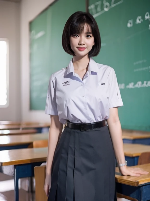 (photorealistic:1.4),Best quality, masterpiece ,Thai classroom, 1girl ,(mathayom uniform),white shirt short sleeves,(black pleated long skirt:1.2),short hair , Pretty thai woman short hair , big breasts , The shirt is tight
 