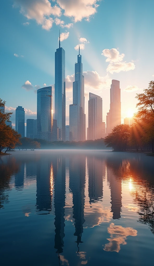 a reflection of a city skyscraper on a lake, afternoon, god rays, sunset, orange sky, dark clouds, 4k, 8k, highres, masterpiece:1.2, ultra-detailed, realistic, photorealistic, photo-realistic:1.37, HDR, UHD, studio lighting, ultra-fine painting, sharp focus, physically-based rendering, extreme detail description, professional, vivid colors, bokeh, landscape, cinematic