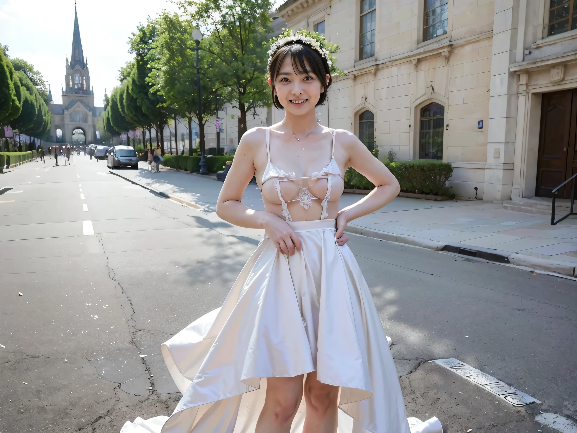 (8k、 RAW photo、 best quality、masterpiece:1.2), have to pee , (Realistic、Realistic)、(Incontinent girl:1.3) 1 girl、(( wedding dress 、Chapel、 Shorthair、 front view、smile、Look at the camera and smile、、stand))、cute