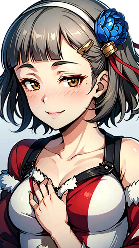 (((solo))), 1 woman, LOVELIVE! Sakuya Kurobane, sakuyaunif, kurobane_sakuya, short hair, grey hair, black hairband, blue hair flower, brown eyes, red eyeliner, chest, blush, smile, (upper body), santa claus