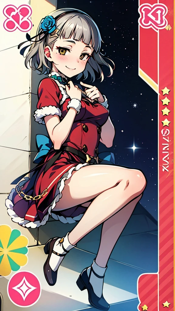 (((solo))), 1 woman, LOVELIVE! Sakuya Kurobane, sakuyaunif, kurobane_sakuya, short hair, grey hair, black hairband, blue hair flower, brown eyes, red eyeliner, chest, blush, smile, (full body), santa claus