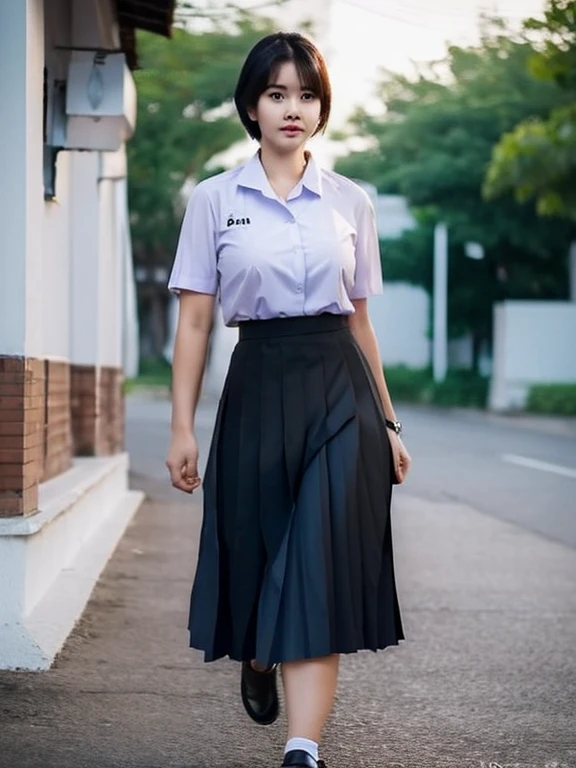 (photorealistic:1.4),Best quality, masterpiece ,Thai classroom, 1girl ,(mathayom uniform),white shirt short sleeves,(black pleated long skirt:1.2),short hair , Pretty thai woman short hair , big breasts , The shirt is tight