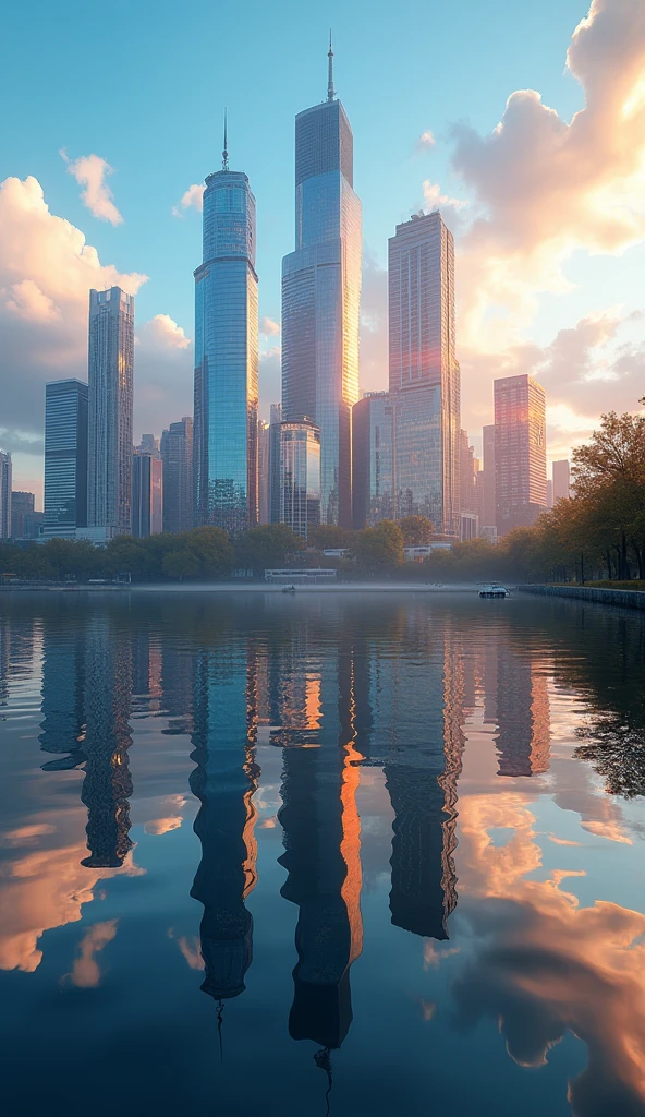 a reflection of a city skyscraper on a lake, afternoon, god rays, sunset, orange sky, dark clouds, 4k, 8k, highres, masterpiece:1.2, ultra-detailed, realistic, photorealistic, photo-realistic:1.37, HDR, UHD, studio lighting, ultra-fine painting, sharp focus, physically-based rendering, extreme detail description, professional, vivid colors, bokeh, landscape, cinematic