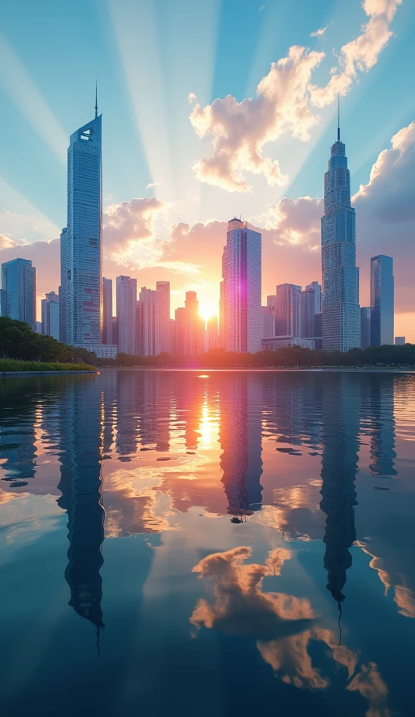 a reflection of a city skyscraper on a lake, afternoon, god rays, sunset, orange sky, dark clouds, 4k, 8k, highres, masterpiece:1.2, ultra-detailed, realistic, photorealistic, photo-realistic:1.37, HDR, UHD, studio lighting, ultra-fine painting, sharp focus, physically-based rendering, extreme detail description, professional, vivid colors, bokeh, landscape, cinematic