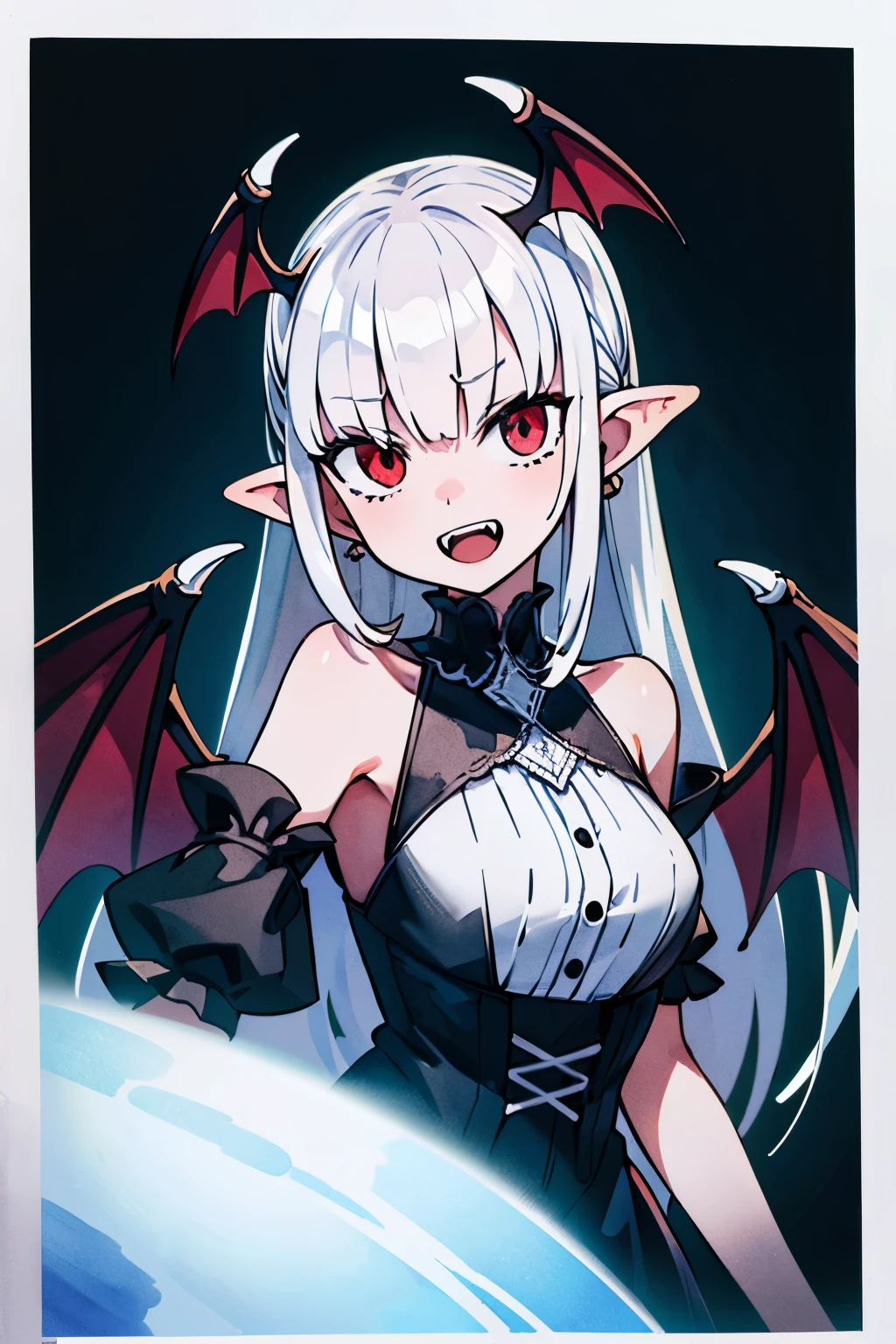 (masterpiece, best quality, ultra-detailed , high definition , Best Watercolor Illustration, 8 k), 1 girl that , long white hair , black gothic dress , Vampire Wings, fangs