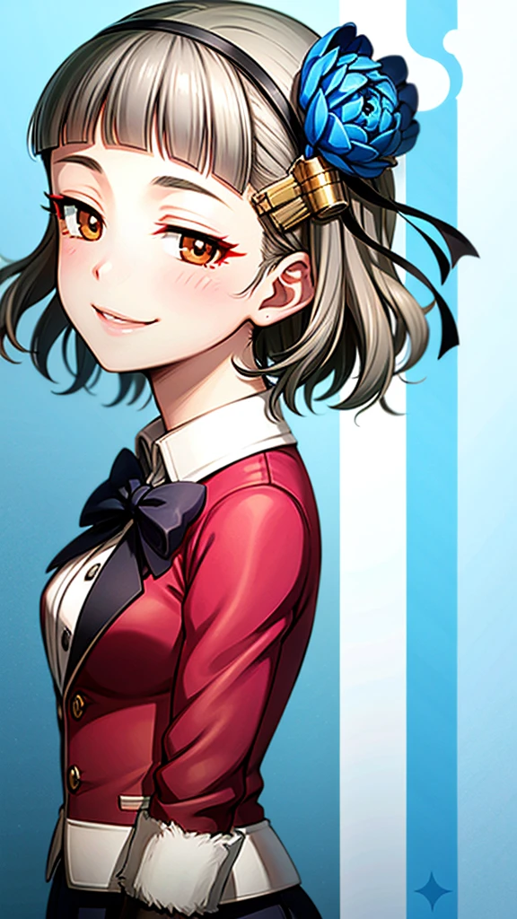 (((solo))), 1 woman, LOVELIVE! Sakuya Kurobane, sakuyaunif, kurobane_sakuya, short hair, grey hair, black hairband, blue hair flower, brown eyes, red eyeliner, chest, blush, smile, (upper body), santa claus