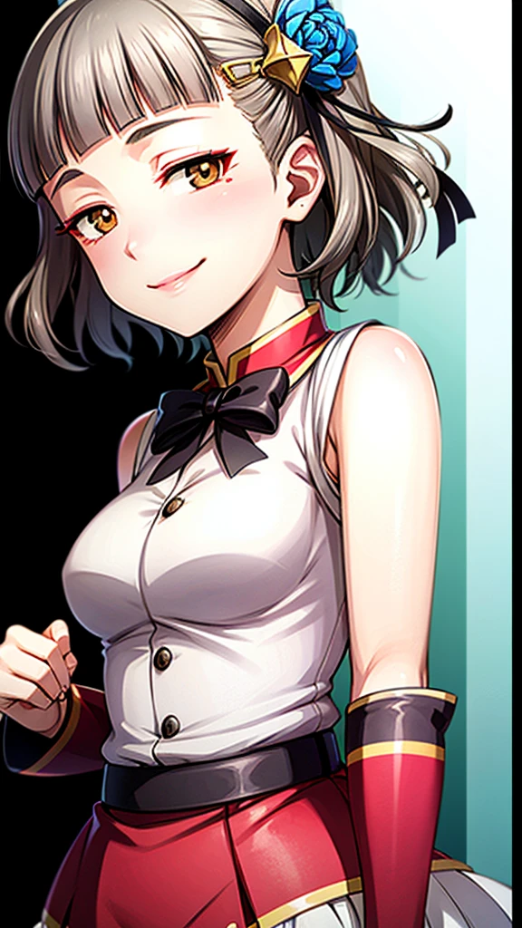 (((solo))), 1 woman, LOVELIVE! Sakuya Kurobane, sakuyaunif, kurobane_sakuya, short hair, grey hair, black hairband, blue hair flower, brown eyes, red eyeliner, chest, blush, smile, (upper body), santa claus