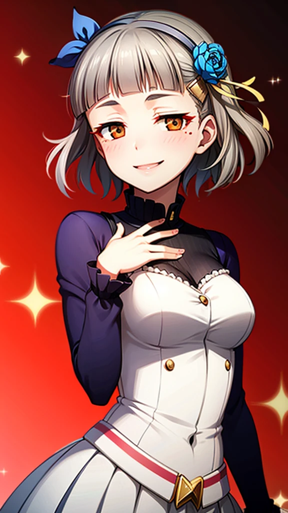 (((solo))), 1 woman, LOVELIVE! Sakuya Kurobane, sakuyaunif, kurobane_sakuya, short hair, grey hair, black hairband, blue hair flower, brown eyes, red eyeliner, chest, blush, smile, (upper body), santa claus