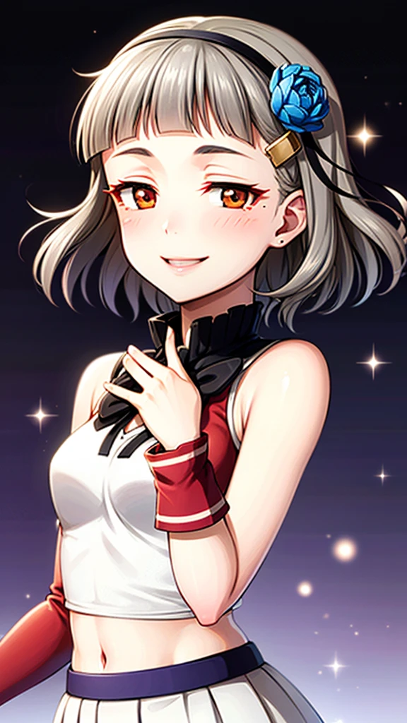 (((solo))), 1 woman, LOVELIVE! Sakuya Kurobane, sakuyaunif, kurobane_sakuya, short hair, grey hair, black hairband, blue hair flower, brown eyes, red eyeliner, chest, blush, smile, (upper body), santa claus