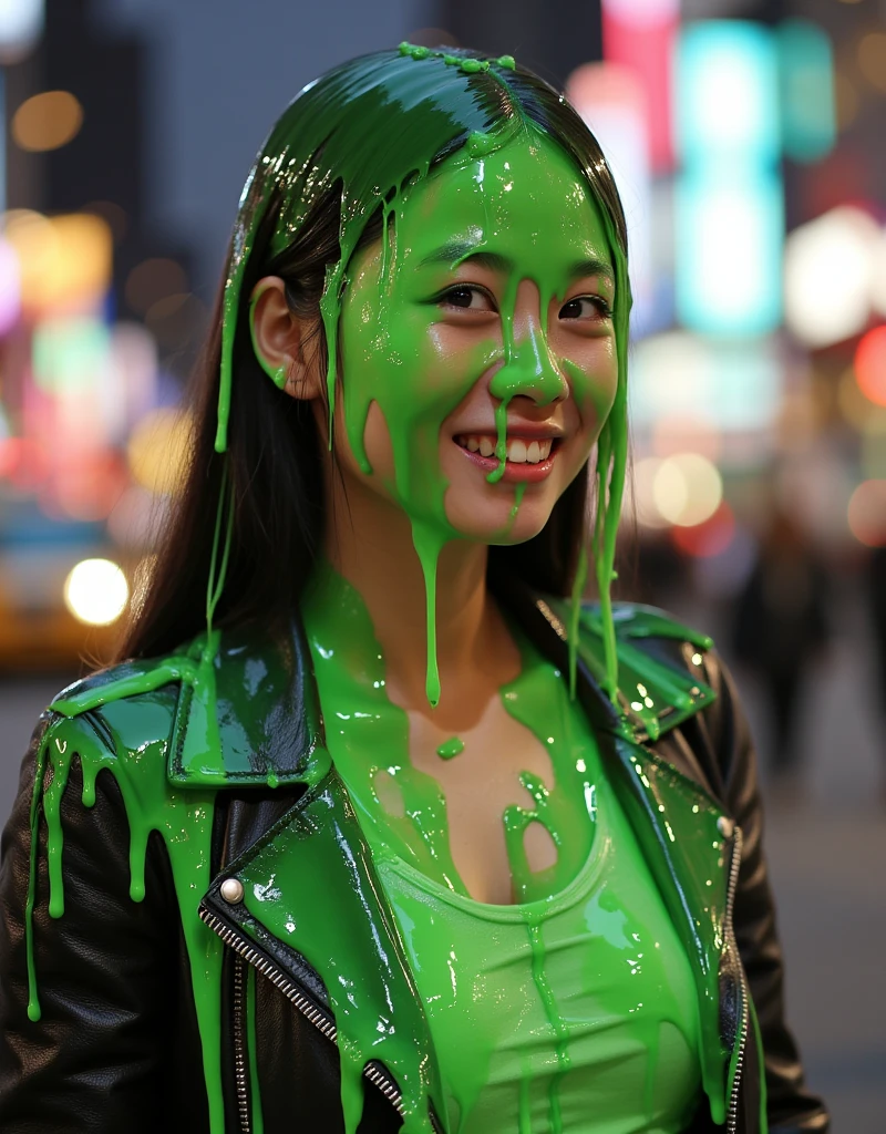 Photograph of kawaii Asian girl covered in dripping green slime. Wearing black leather jacket. f/1.4 aperture. hyper-realistic style. (Asian girl: 1.1). black hair. Slime. 35mm. 8k. Masterpiece. New York city in background. Bokeh. Nighttime. Glistening liquid. Kawaii.