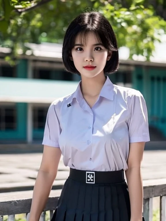 (photorealistic:1.4),Best quality, masterpiece ,Thai classroom, 1girl ,(mathayom uniform),white shirt short sleeves,(black pleated long skirt:1.2),short hair , Pretty thai woman short hair , big breasts , The shirt is tight , big tits
 