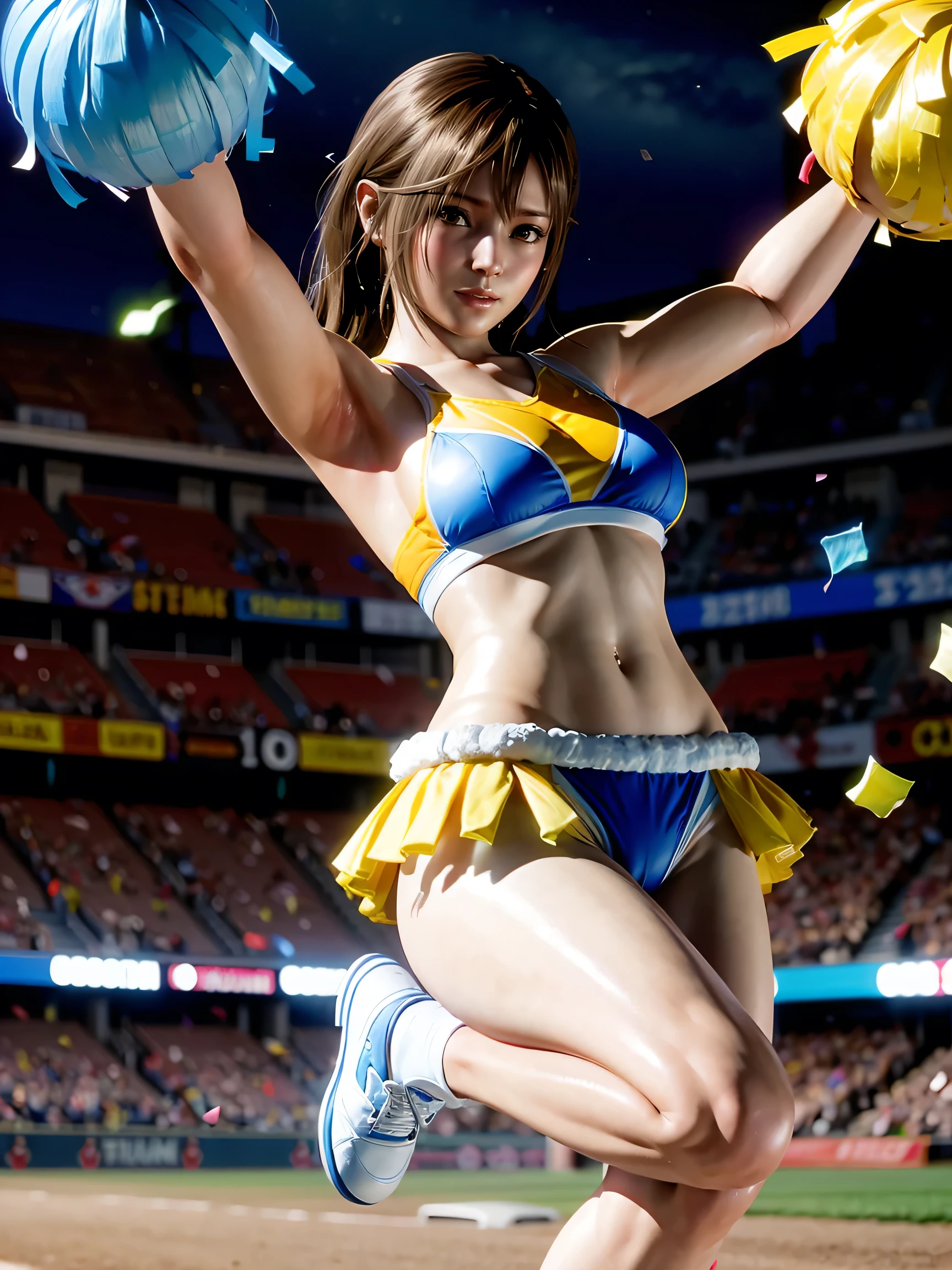 1girl.solo,(cheerleader costume),
(underwear coat),
(holding fluffy large cheer pom poms:1.4),
BREAK
(cheerleading),
(Stand with your feet shoulder-width apart:1.4),
(arms up),
(cowboy shot),
Looking at viewer,
Dutch angle,
BREAK
(Day, baseball field stands),
(Scattered confetti:1.2)
Blurry background, smile,sweat, masterpiece, best quality, high resolution, 4k, 8k,ultra high resolution, highly detailed, highly detailed, beautiful eyes, beautiful hair, beautiful side, beautiful skin,detailed shiny skin,good hands, best hands,misaki,curvy,Cosmic eyes