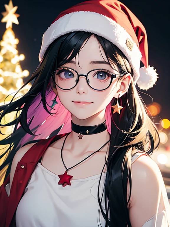  with a choker around her neck 、      black hair short 、 Girl、  Brown Eyes  、 a girl with star piercings in her ears  、  ChristmasDecorate the tree  、  wear a Santa Claus hat that illuminates the area 、  Christmasツリーが見える、 With a rainbow-colored hat  、Decorate the tree  、  Christmas、 、  smile、Moon Earrings    、     Then a rainbow-colored hat 、 It's a girl    、Glasses、、 an adult face wearing a rainbow-colored hat        、 One Man,albino,blonde,     , ,    night lighting      ((8k, .,          surreal))、 I'm wearing cool clothes。I&#39;It&#39;Blue Sea、白い         sandy beachを歩く、        is crying、Reduce your exposure         、summer、sunset、         sandy beach