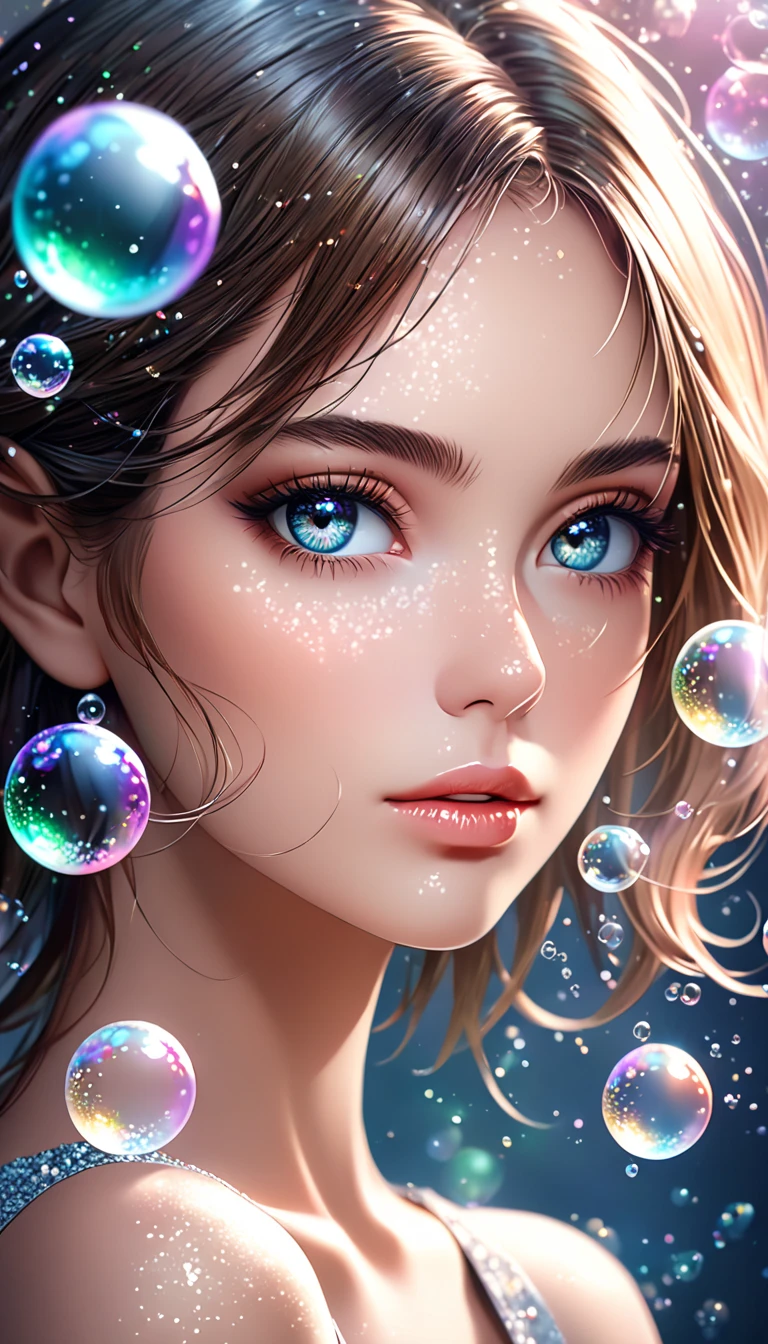  beautiful woman with seductive eyes ,  portrait,  Shading Effects ,  Gradient Magic Effects , Glitter Effect, soap bubble effect ,  misty filter effect, (  super detailed , absolutely resolution,  best quality:1.3), 2.5D, Delicate and dynamic ,  artistic photo, hyper realistic,  graphic CG digital art , 