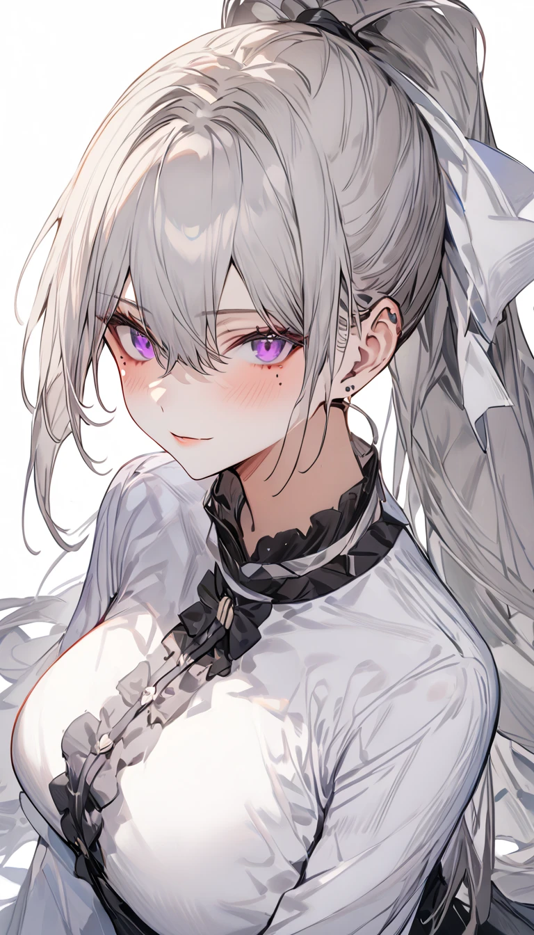  (masterpiece:1.2), ( best quality :1.2),  perfect eyes,  perfect face,  1 girl,hk1, purple eyes, grey hair, hair between eyes, long hair, very long hair, ponytail, mole, mole under eye, bow, white bow,big breasts,