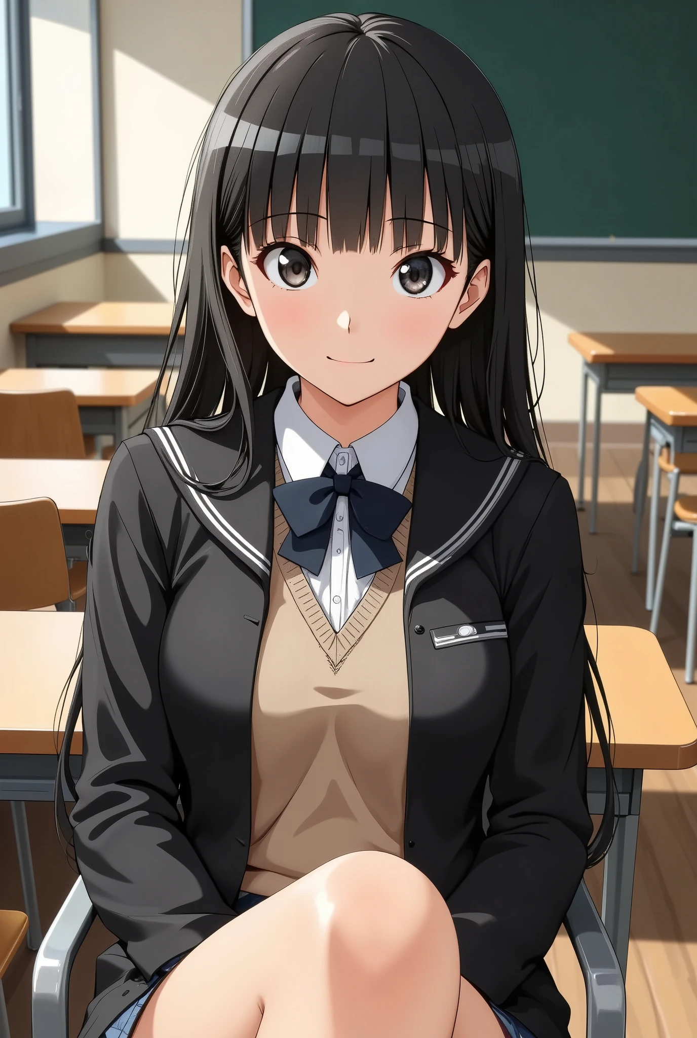 (masterpiece,  best quality:1.2),  1 girl, ayatsuji tsukasa,  black hair,  long straight ,  shirt , Black bowtie,  beige vest, kibito high school black blazer, 2-line sailor collar:1.4, (( school classroom background ,  chair that avoids my chest:1.4))